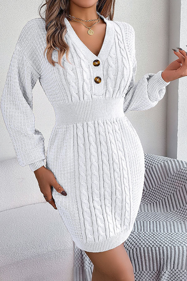 Buttoned V-neck twist lantern sleeves hip-hugging sweater dress