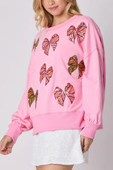 Christmas Bow Sequin Loose Casual Long Sleeve Sweatshirt