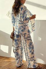 Linen Blend Botanical Print Loose-fitting Top and Elastic Waist Wide-leg Casual Pants Set