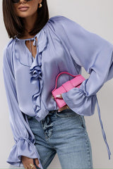 Satin Solid Color V-neck Tie Ruffle Casual Shirt