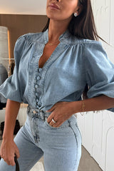Fashion V-neck Button-down Lantern Sleeve Casual Denim Shirt