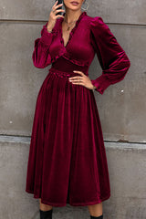 Solid Color Velvet Pleated Ruffled V-neck Long Sleeve Elegant Midi Dress