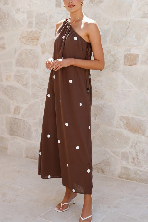Polka Dot Print Sleeveless One-shoulder Tie-up Casual Vacation Maxi Dress