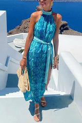 Unique Print Sexy Off-the-shoulder Waist Tie Slit Holiday Midi Dresses