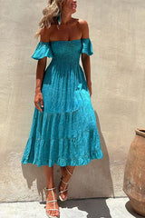 Cute on Repeat Ethnic Print Smocked Off Shoulder Tiered  Midi Dress
