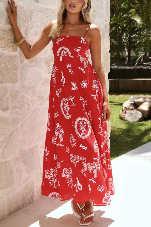 Unique Print Square Neck Sleeveless Casual Vacation Maxi Dress