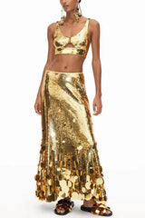 Party Sequin Button Crop Tank and Irregular Round Sequin Tassels Hem Maxi Skirt Set