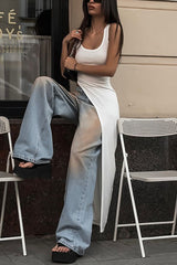 Solid Color Shoulder Strap Slim Fit Slit Maxi Top