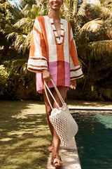 Talah Linen Blend Color Block Print V-neck Long Bell Sleeve Loose Mini Dress