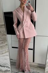Solid Color Lapel Long Sleeve Waist Double-breasted Blazer