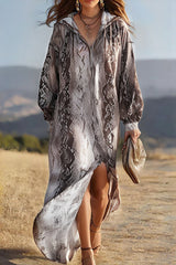 Python Print Loose Hooded Long-sleeved Slit Maxi Dress
