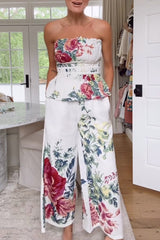 In To The Summer Linen Blend Floral Print Elastic Bandeau and Elastic Waist Pocket Loose Pants Set