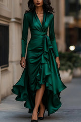 Solid Color Satin V-neck Long-sleeved Elegant Ruffled Maxi Dress