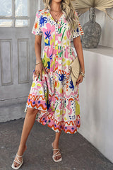 Bohemian Resort Style Print Casual Short Sleeve Button Midi Dress