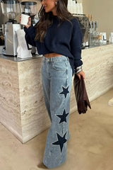 Jessy Denim Mid Rise Side Star Pattern Pocket Wide Leg Jeans