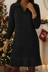 Solid Color Collared Long-sleeved Casual Pleated Knit Mini Dress