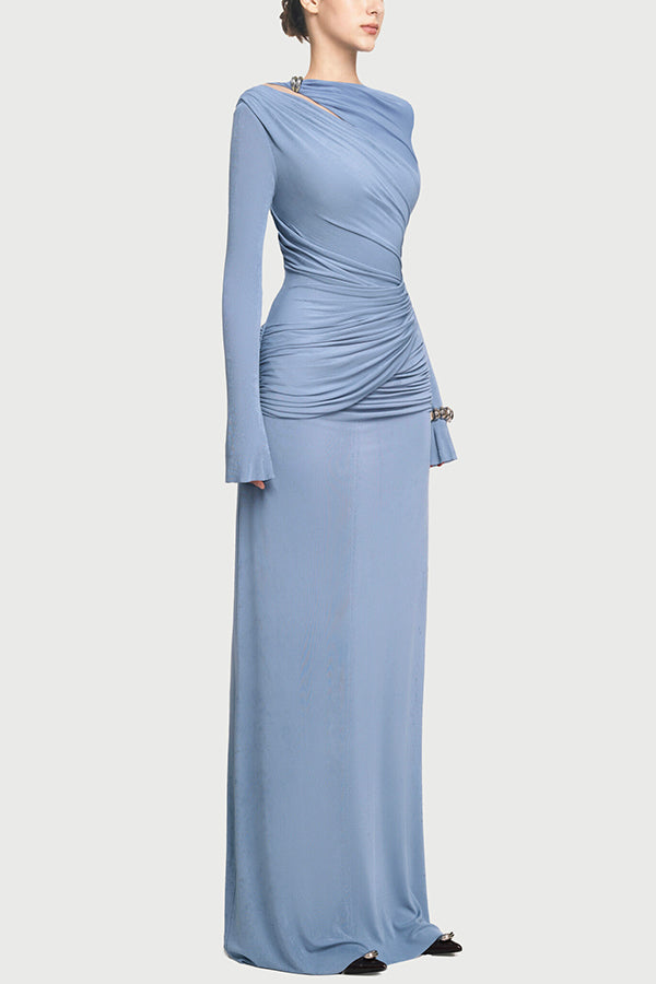 Stylish Long-sleeved Slim-fit Pleated Elegant Maxi Dress