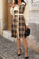 Retro Plaid Patchwork Casual Belt Workplace Style Midi Dress