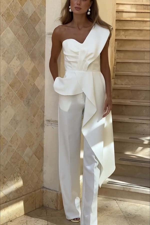 Amena One Shoulder Sweetheart Neck Ruffle Hem Top and Elastic Waist Pocket Wide Leg Pants Set