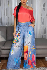 Butterfly Print Casual Elastic Waist Pocket Faux Denim Straight-Leg Pants