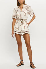 Resort Style Print Lapel Short Sleeves Casual Pocket Waist Tie Loose Rompers