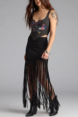 Stylish Tassel Hem Slim-fit Suede Casual Midi Skirt