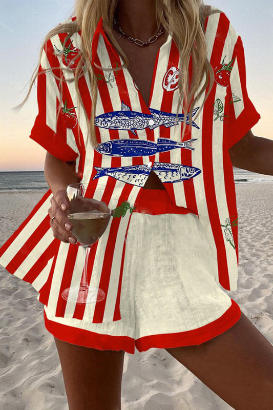 Sardine Stripe Print Loose Button Elastic Waist Shorts Set