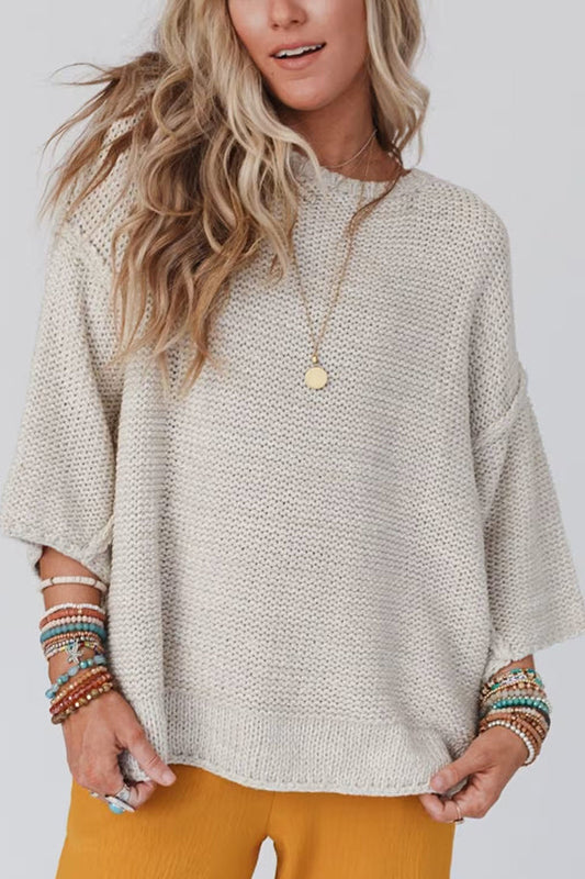 Solid Color Loose Round Neck Long Sleeve Casual Knitted Sweater