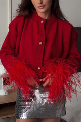 Solid Color Elegant Feather Long Sleeve Casual Knitted Cardigan