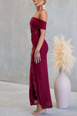Sexy Mesh Off-shoulder Slim Fit Ruffled Slit Maxi Dress
