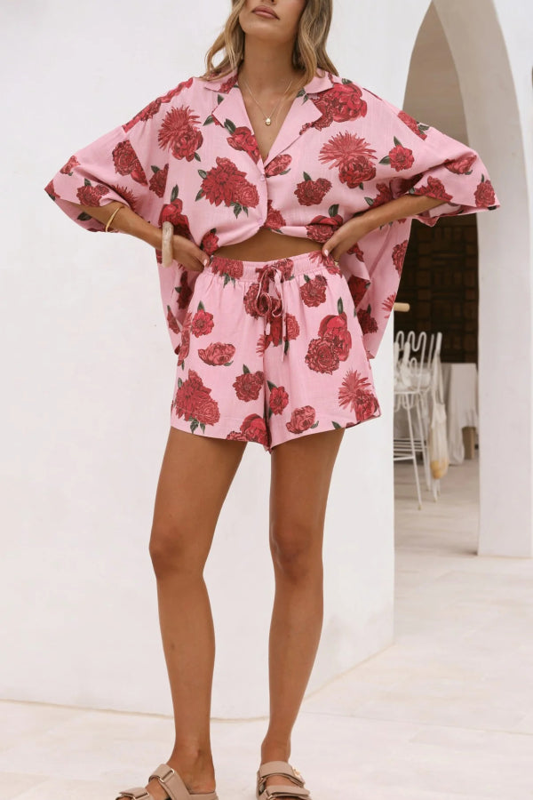 Linen Blend Floral Print Collared Half-sleeved Loose-fitting Shirt and Elastic Waist Casual Pocket Shorts Set