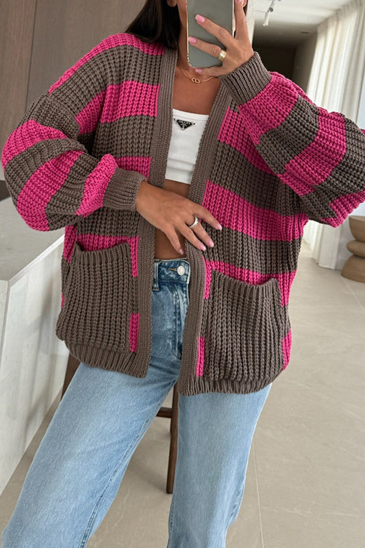 Fashionable Patchwork Striped Casual Pocket Knitted Sweater