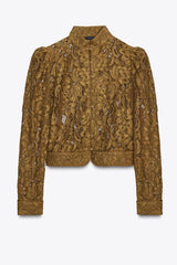 Palace Style Crochet Flower Lace Stand Neck Button Puff Sleeve Jacket