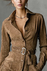 Fashion Suede Long Sleeve Waist Belt Pocket Slim Fit Mini Dress