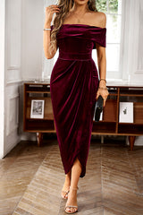 Solid Color Velvet Off-shoulder Slim-fit Elegant Slit Midi Dress