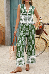 Bohemian Style Unique Print V-neck Sleeveless Top and Elastic Waist Casual Pocket Wide-leg Pants Set