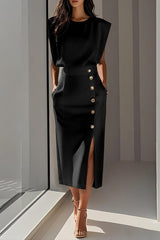 Solid Color Round Neck Sleeveless Button Slit Midi Dress