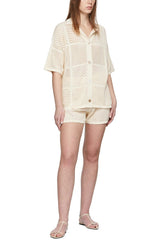Solid Color Casual Cutout Button Shirt and Elastic Waist Drawstring Shorts Set