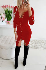 Americas Sweetheart Button Ribbed Bodycon Dress