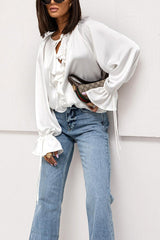 Satin Solid Color V-neck Tie Ruffle Casual Shirt