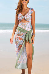 Printed V-neck Ruffled Stretch One-piece Swimsuit and Elegant Tulle Scarf Set