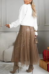 Party Daydream Sequin Tulle High Rise Elastic Waist Maxi Skirt