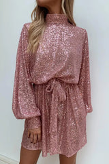 Fashionable Sequined Long-sleeved Belted Casual Mini Dress
