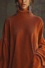 Solid Color Loose-fitting Turtleneck Long-sleeved Tassel Hem Casual Mini Dress