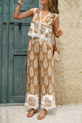 Bohemian Style Unique Print V-neck Sleeveless Top and Elastic Waist Casual Pocket Wide-leg Pants Set