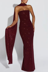 Pandra Glittery Crepe Fabric Off Shoulder Ruched Slit Cape Maxi Dress