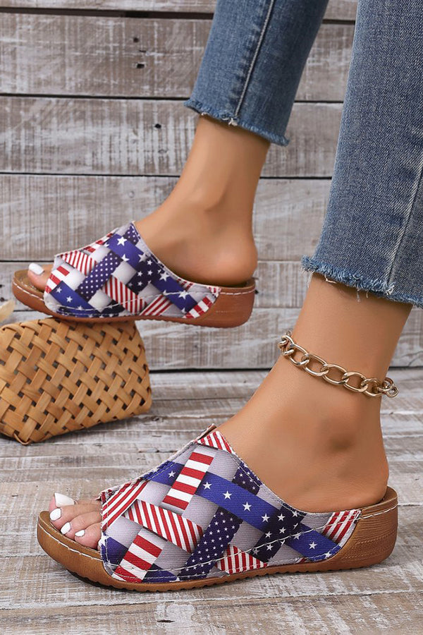 Independence Day Stars and Stripes Wedge Heel Peep Toe Slides