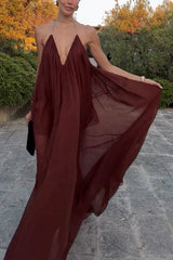 Flowing Lightweight Chiffon Chain Halter Neck Detail Backless A-line Maxi Dress