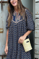 Bohemian puff sleeve pleated dress