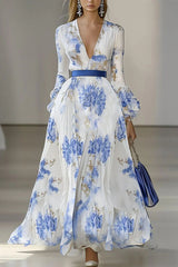 Floral Print V-neck Long-sleeved Waist-tied Maxi Dress
